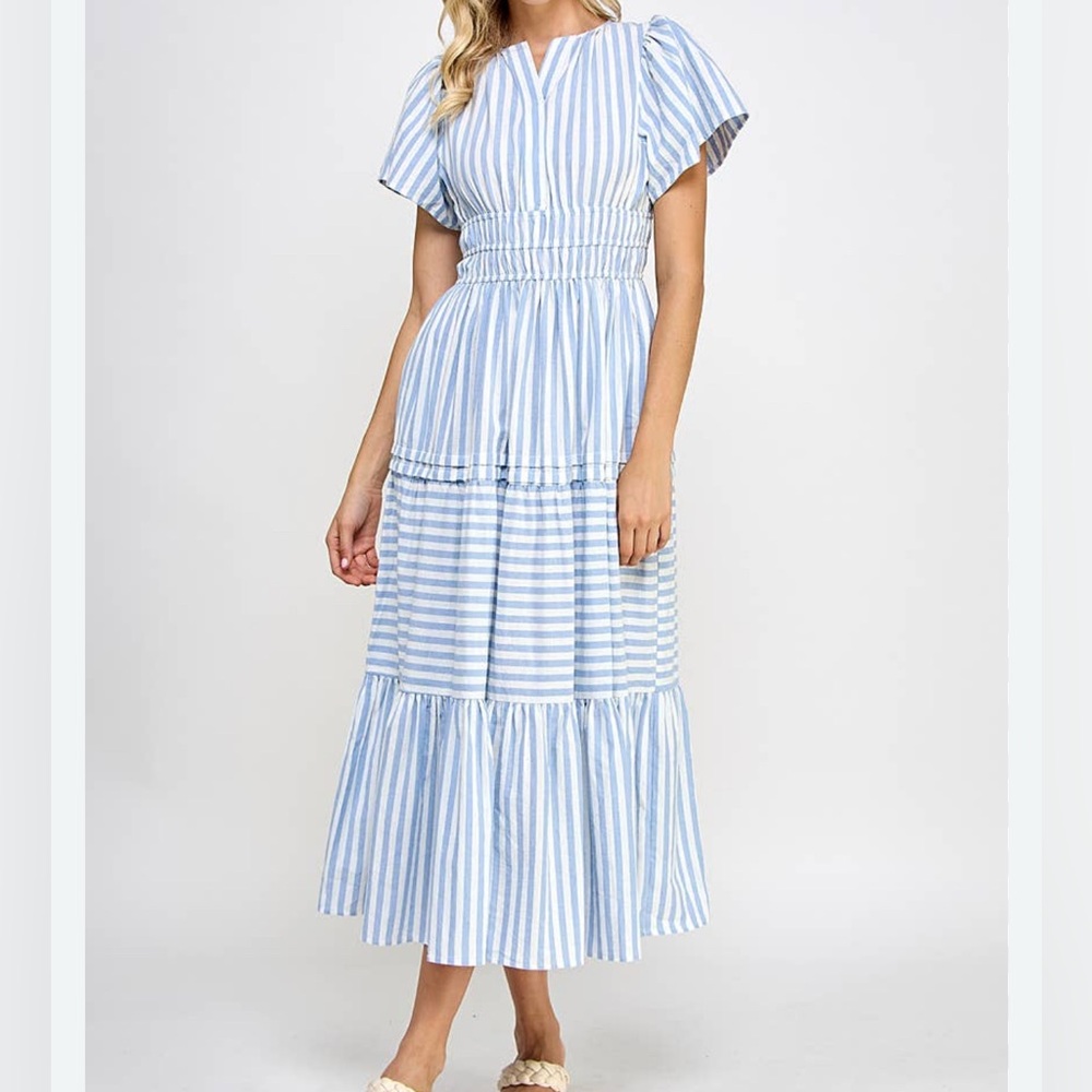 Chic Blue and White Striped Midi Dress